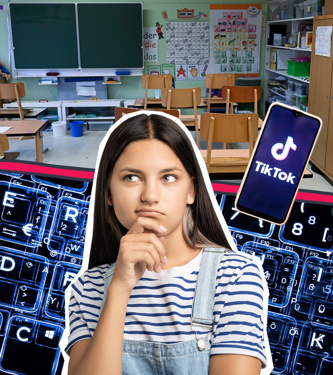 Ein Mädchen steht nachdenklich vor einem Klassenzimmer. Zu sehen sind außerdem Computertasten und ein Smartphone, auf dem TikTok geöffnet ist.