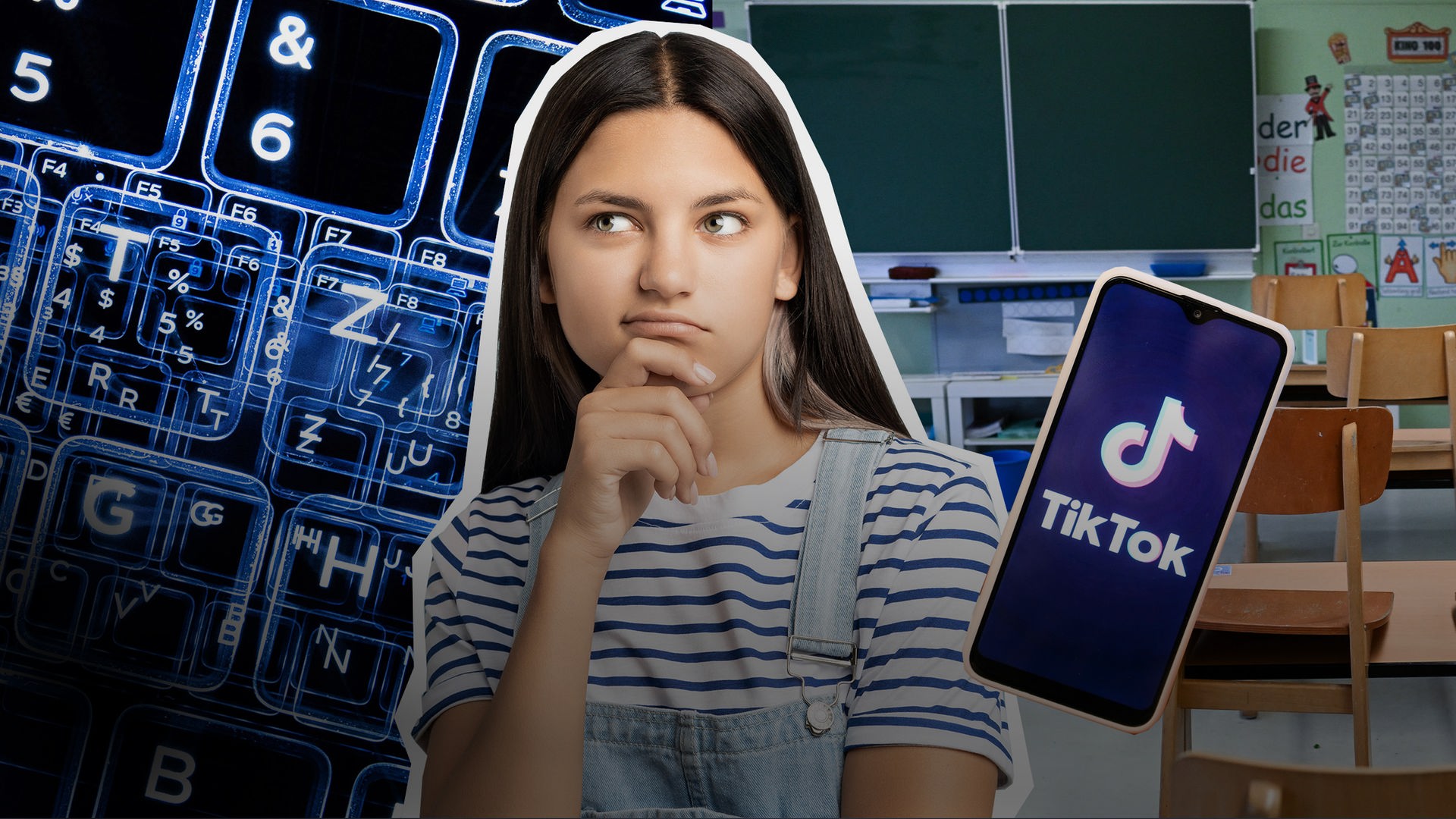 Ein Mädchen steht nachdenklich vor einem Klassenzimmer. Zu sehen sind außerdem Computertasten und ein Smartphone, auf dem TikTok geöffnet ist.