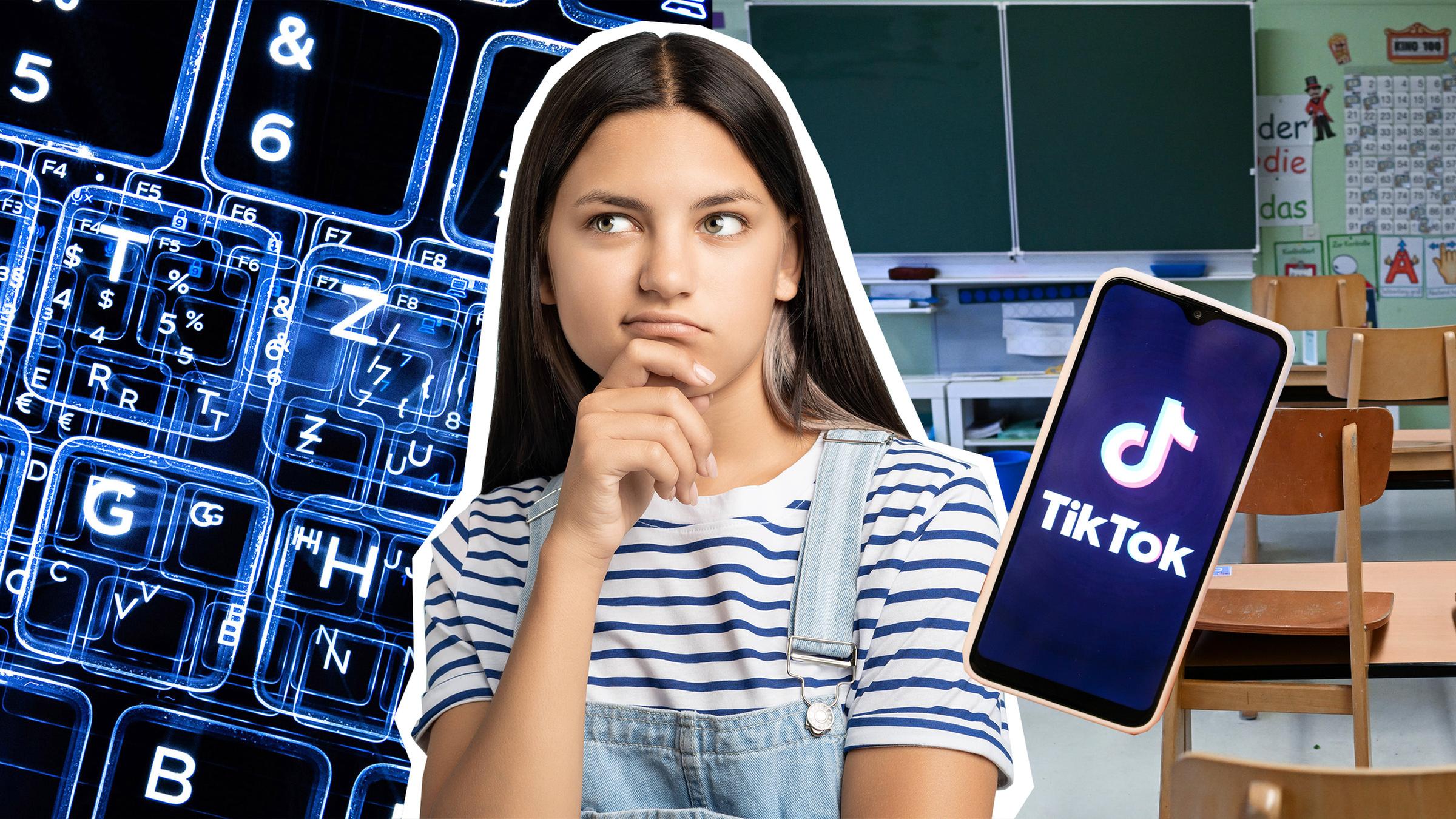 Ein Mädchen steht nachdenklich vor einem Klassenzimmer. Zu sehen sind außerdem Computertasten und ein Smartphone, auf dem TikTok geöffnet ist.