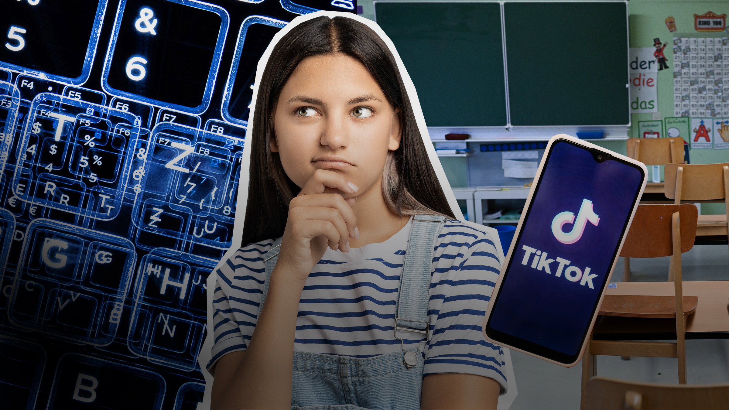 Ein Mädchen steht nachdenklich vor einem Klassenzimmer. Zu sehen sind außerdem Computertasten und ein Smartphone, auf dem TikTok geöffnet ist.