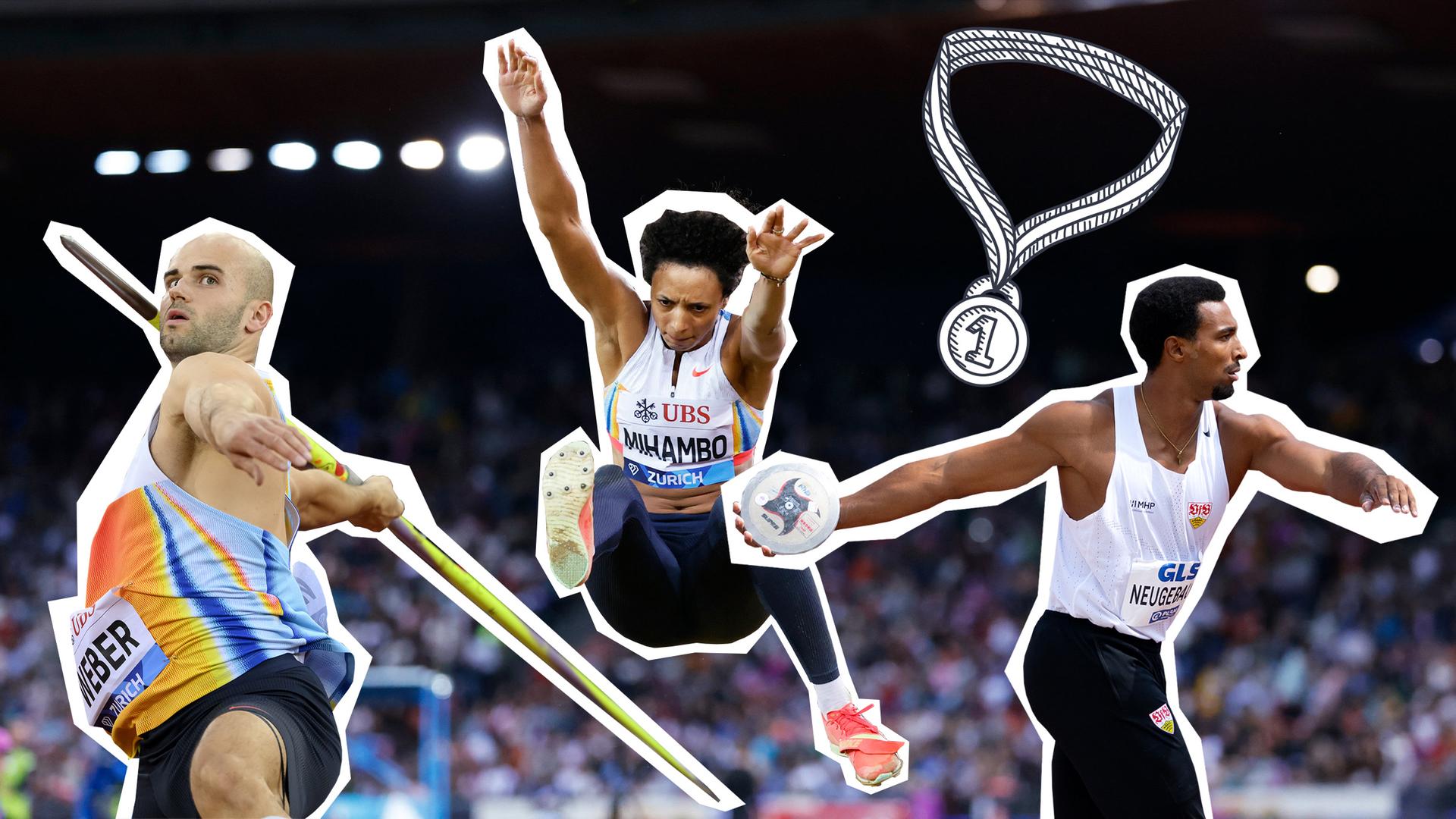 Leo Neugebauer, Malaika Mihambo und Julian Weber in ihrer Wettkampf-Disziplin.