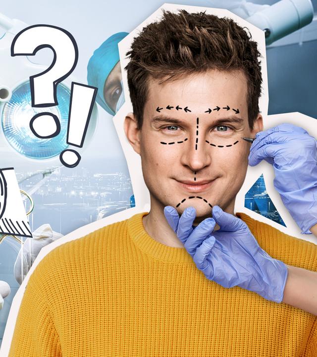 Bildcollage mit Tim Schreder zum Thema Schönheitseingriffe. 