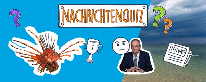 Collage halb blau, halb Usedomer Strand. Links Reiner Haseloff mit Emoji, links Feuerfisch, rechts am Rand eine Zeitung.
