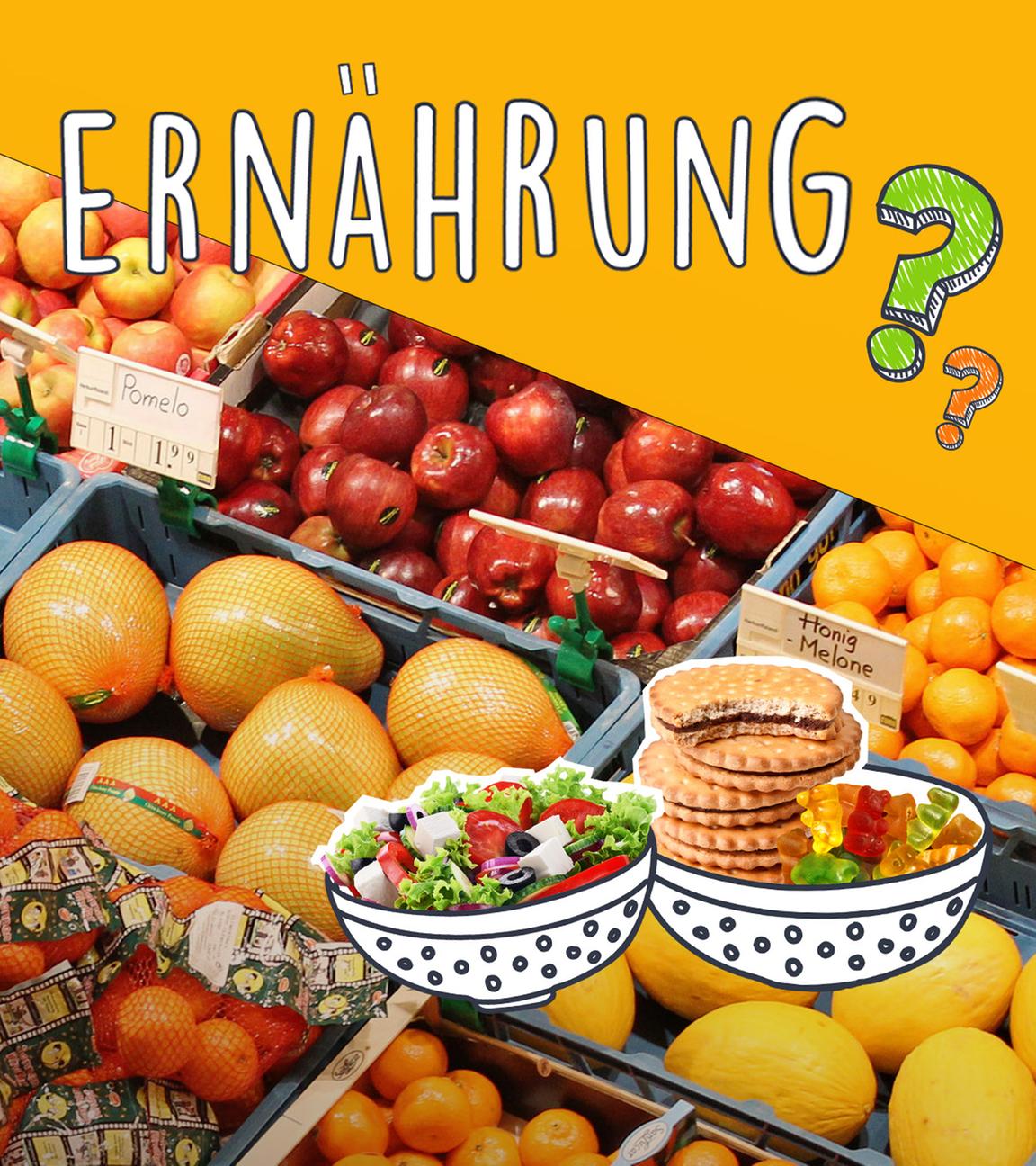 Eine Collage mit dem Titel ERNÄHRUNG. Im Hintergrund bunte Früchte. Unten Schüsseln mit Salat und Süßem.