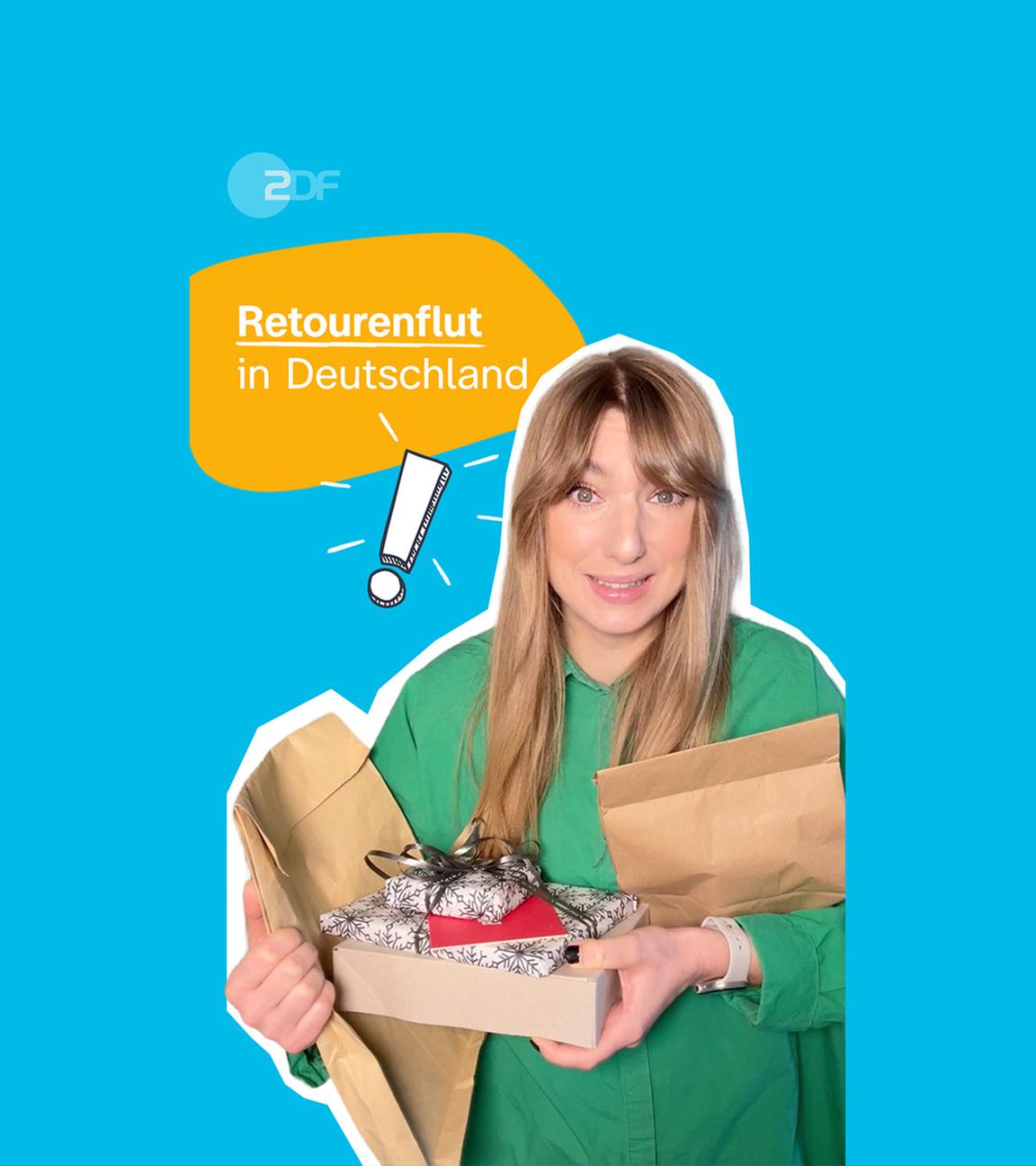 Eine Frau ist vor einem neutralen Hintergrund und hat viele Pakete in der Hand. Über ihr ist eine Sprechblase zu sehen mit dem Text: "Retourenflut in Deutschland"