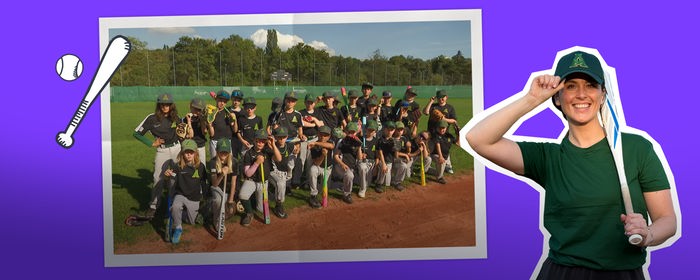 Grafik: Cutout Reporterin Teresa in Baseball-Outfit und daneben Foto Baseballmannschaft