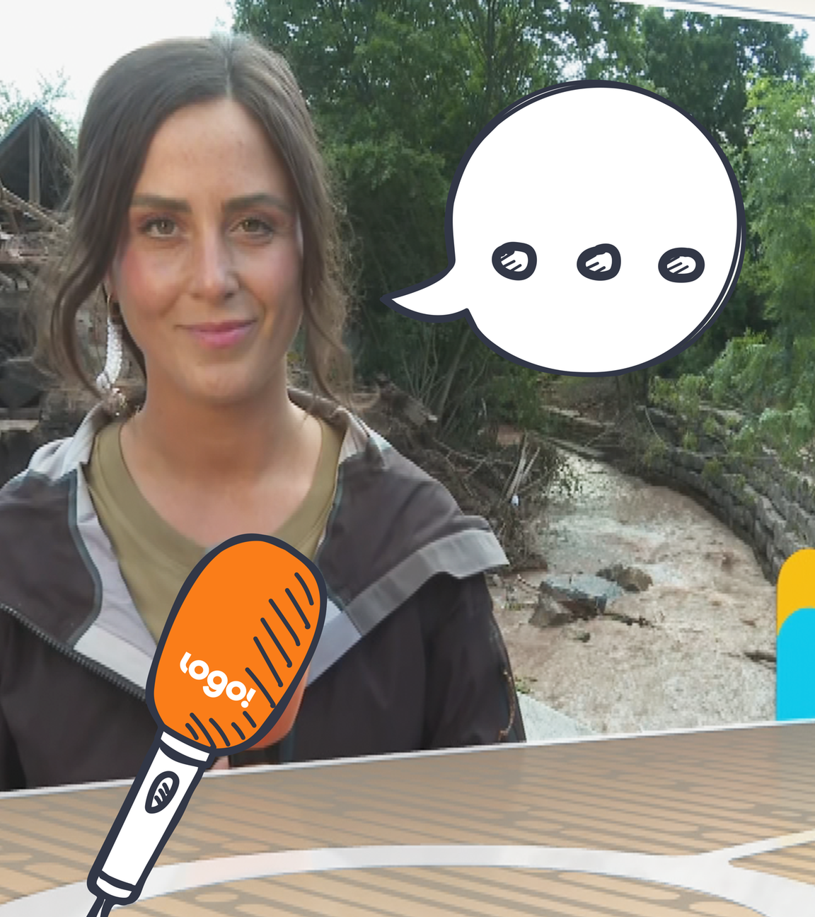 Teresa auf einem Bildschirm im logo!-Studio neben Maral
