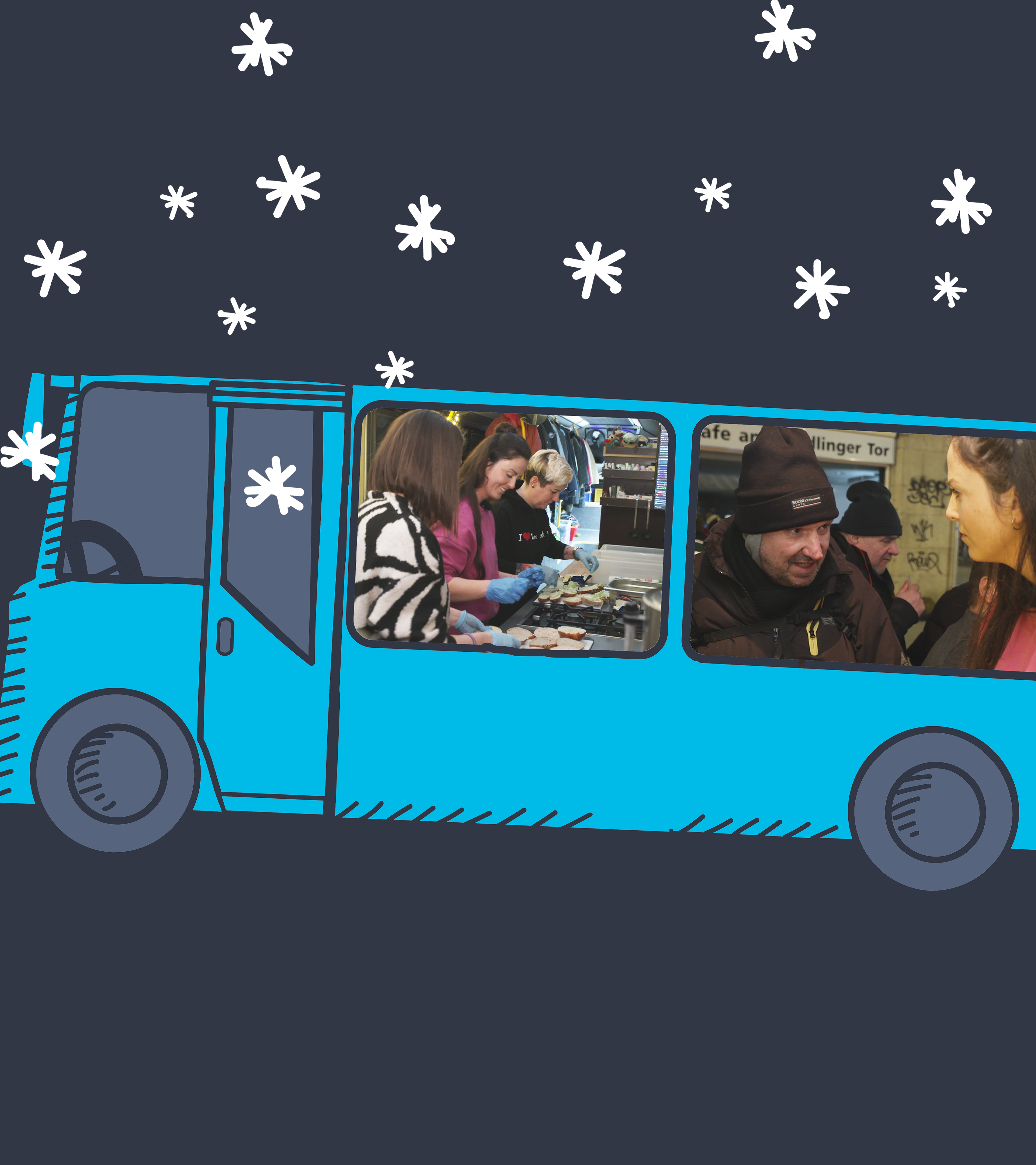 Ein grafischer Bus, darin Fotos mit Teresa, wie sie mithilft.