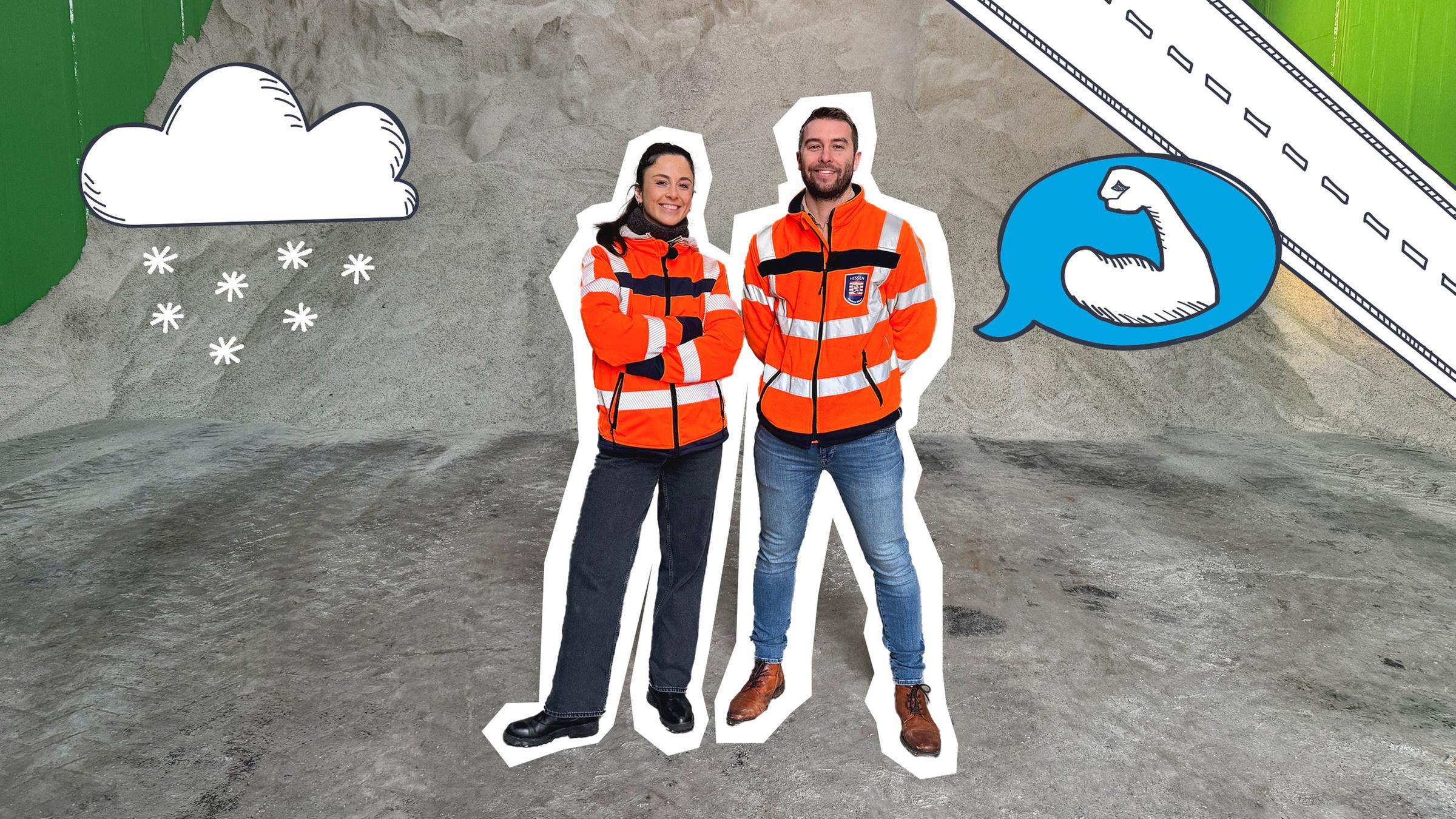 Teresa und ein Mann stehen vor einem riesigen Haufen Salz für die Straßenmeisterei.