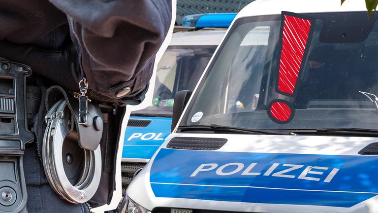 Fotocollage: Nahe Polizist mit Handschelle + Polizeiauto + rotes Ausrufezeichen