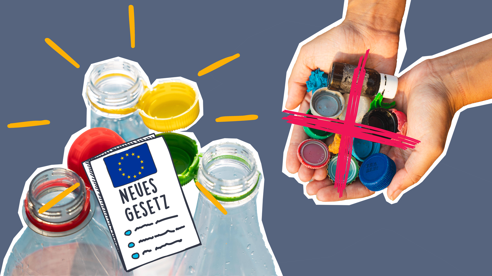 Hand mit Plastikdeckeln, durchgestrichen, tethered Caps-Flaschen mit Strahlen und EU-Gesetz