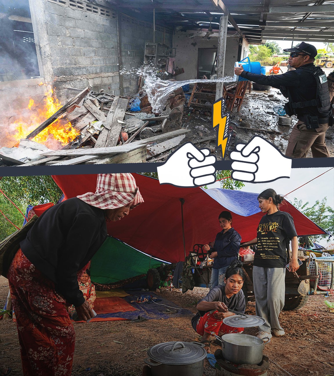 Links ist ein Polizist aus Thailand zu sehen, der ein Feuer in einem abgebrannten Haus löscht; recht sind geflüchtete Menschen in Kambodscha zu sehen, die in Zelten leben und kochen