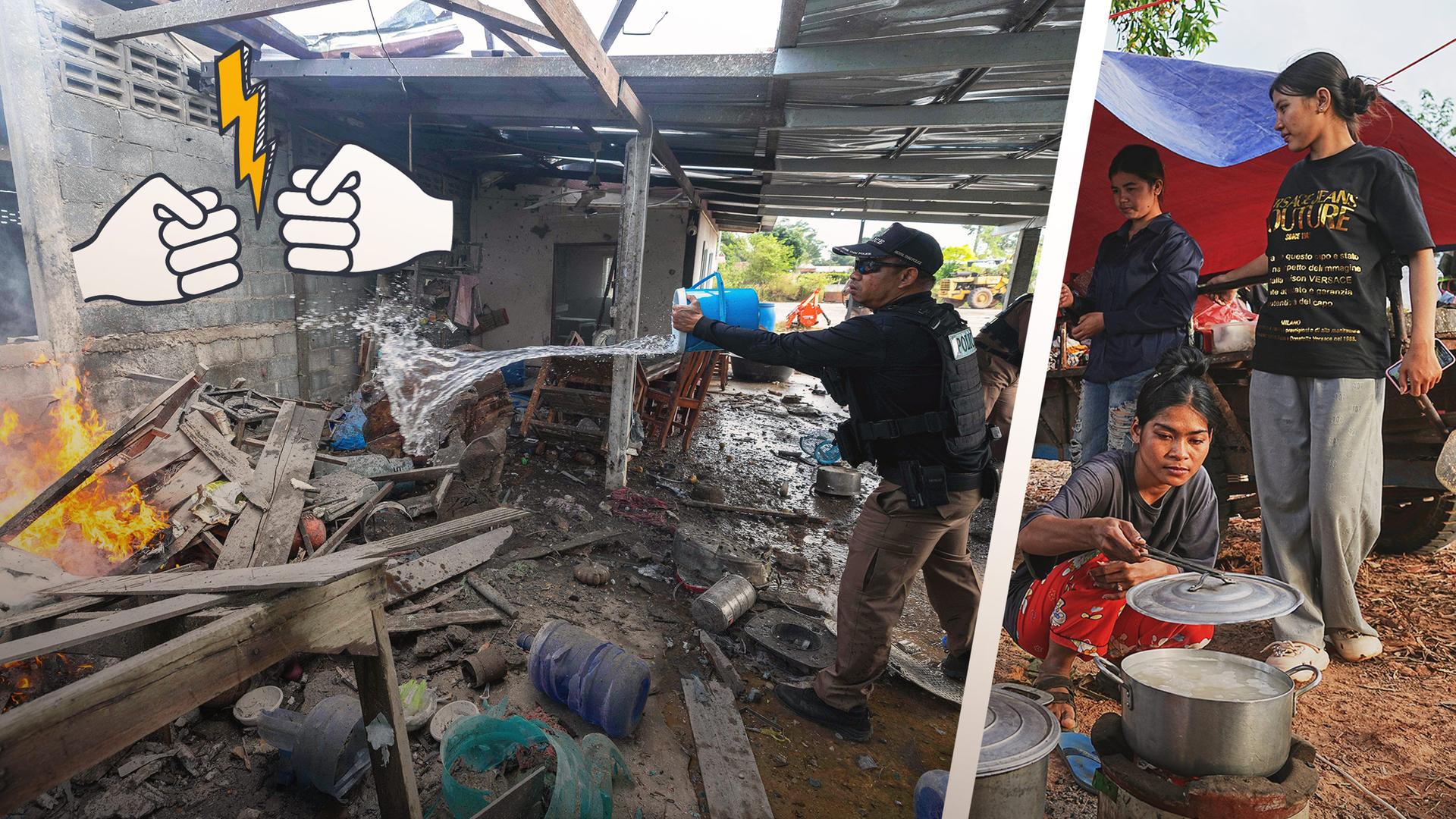 Links ist ein Polizist aus Thailand zu sehen, der ein Feuer in einem abgebrannten Haus löscht; recht sind geflüchtete Menschen in Kambodscha zu sehen, die in Zelten leben und kochen