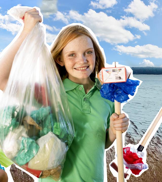 Müll sammelnde Kinder vor See