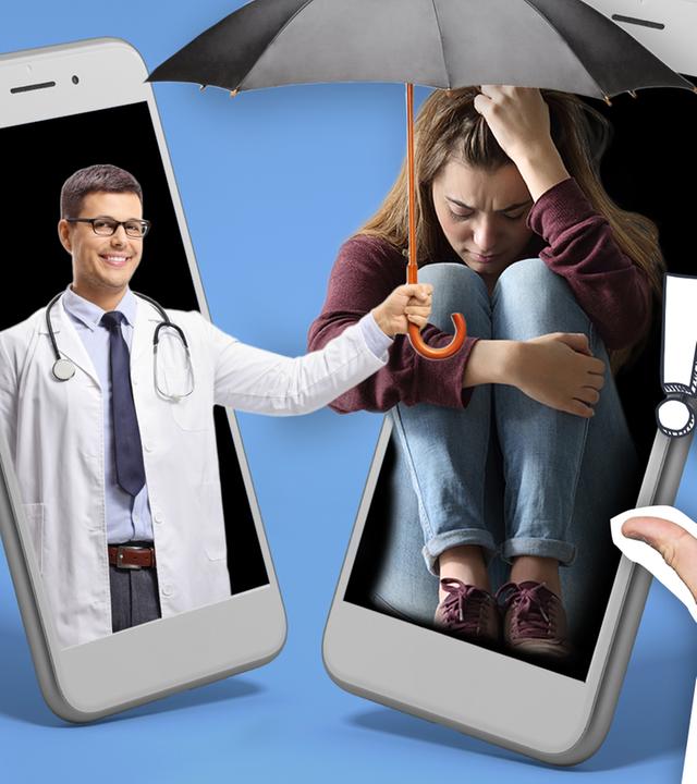 Tim zeigt auf ein Smartphone auf dem eine Therapie-App dargstellt ist (Arzt und trauriges Mädchen)