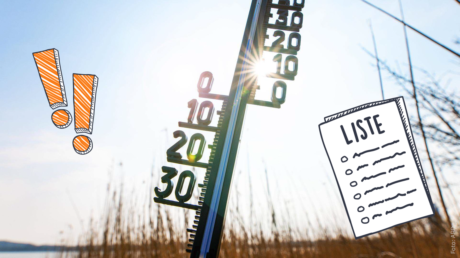 Thermometer, zwei Ausrufezeichen, Sonne und Liste