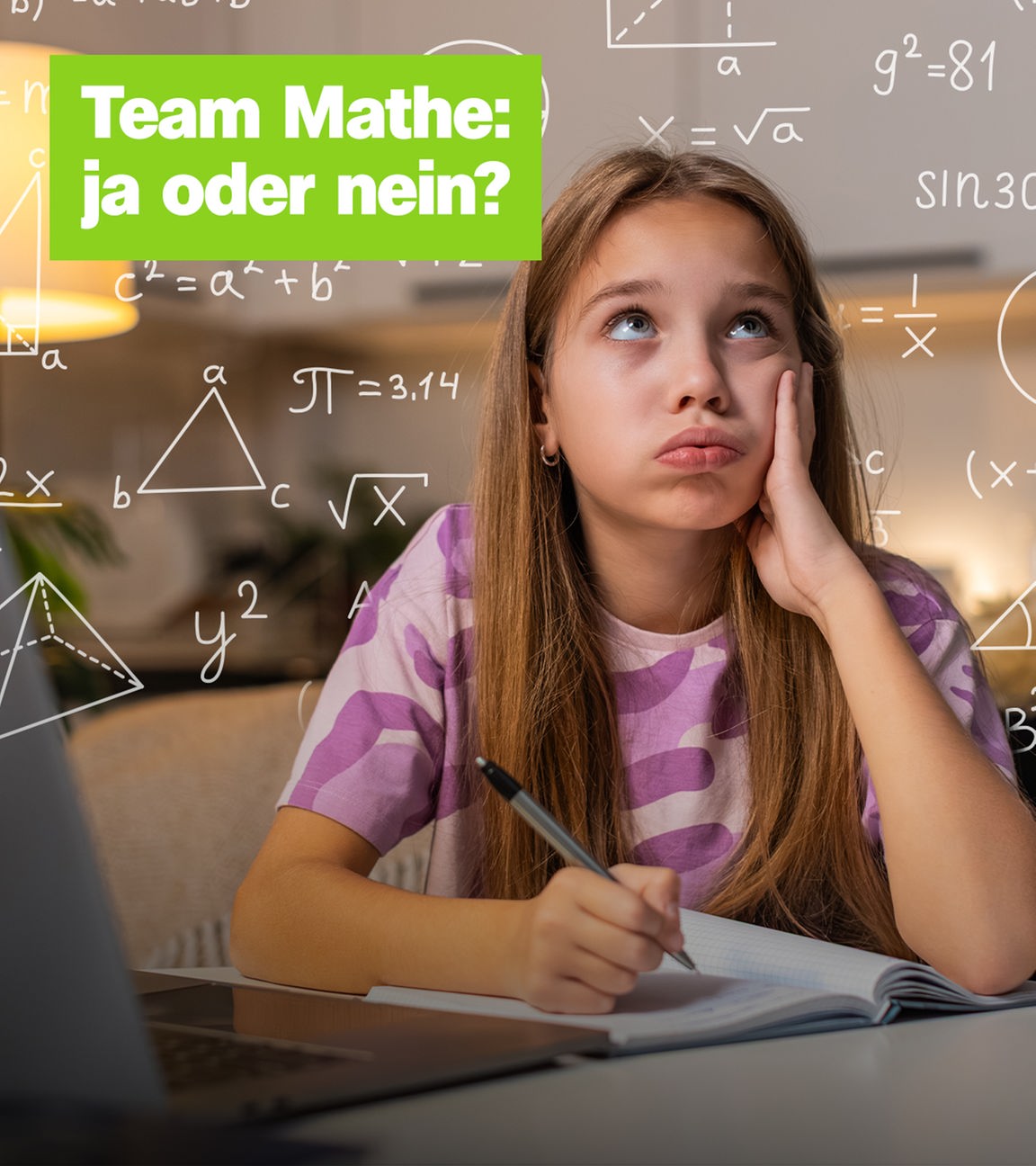 Ein Mädchen schaut verwirrt, um sie herum mathematische Formeln. 