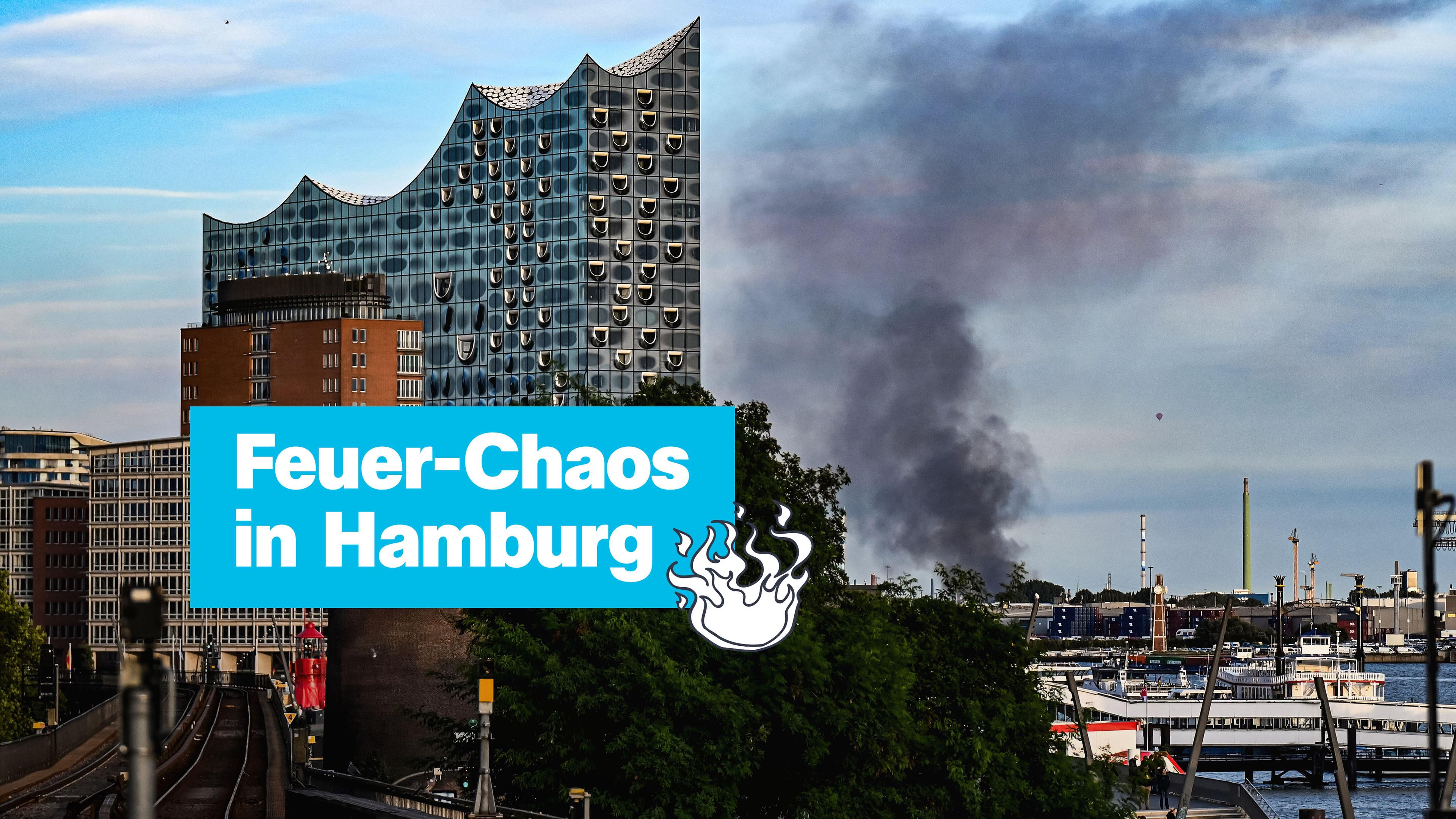 Die Hamburger Elbphilharmonie und Rauch am Himmel. Links der Text "Feuer-Chaos in Hamburg".