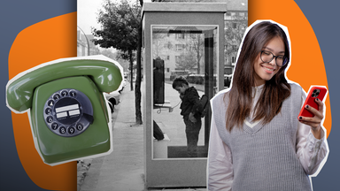 Ein Mädchen am Handy, ein grünes Wahlscheibentelefon, ein Junge in einer Telefonzelle (schwarzweiß)