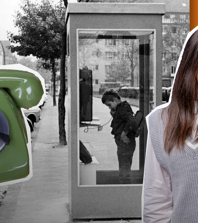 Ein Mädchen am Handy, ein grünes Wahlscheibentelefon, ein Junge in einer Telefonzelle (schwarzweiß)