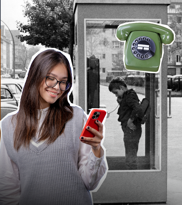 Ein Mädchen am Handy, ein grünes Wahlscheibentelefon, ein Junge in einer Telefonzelle (schwarzweiß)