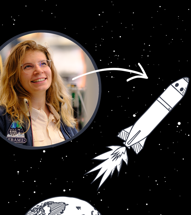 Fotomontage: Ein Foto von Rabea Rogge mit einer Rakete vor Weltraumhintergrund