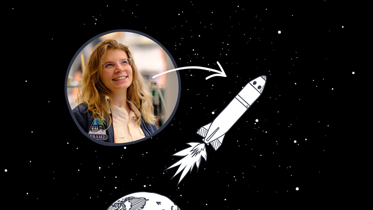 Fotomontage: Ein Foto von Rabea Rogge mit einer Rakete vor Weltraumhintergrund