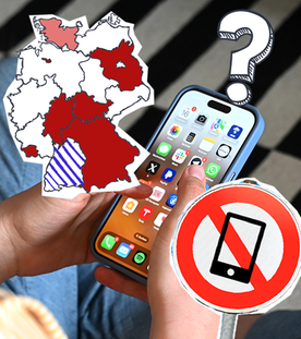 Eine junge Frau am Handy, ein Handyverbotsschild und ein Umriss von Deutschland