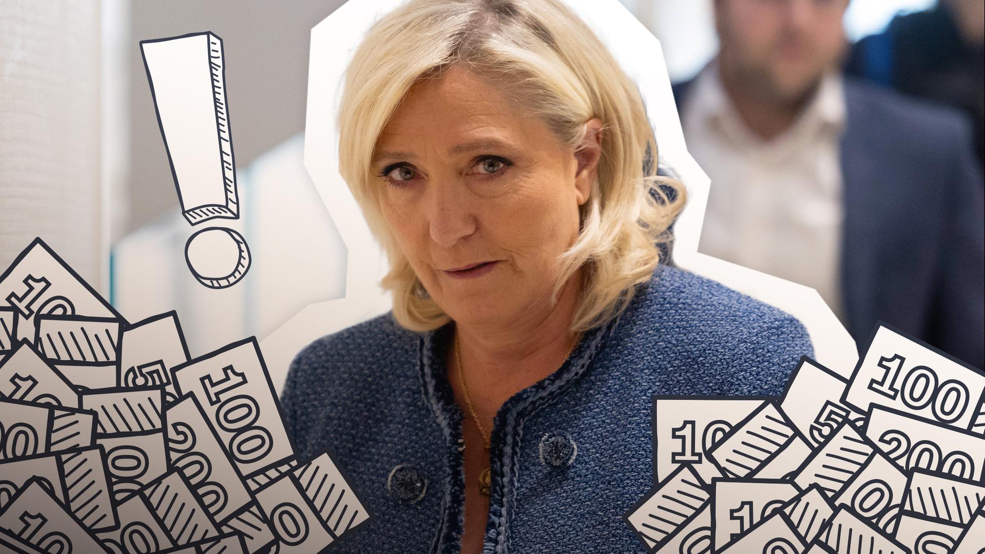 Fotomontage: Marine Le Pen im Gericht, daneben Geldscheine und ein Ausrufezeichen