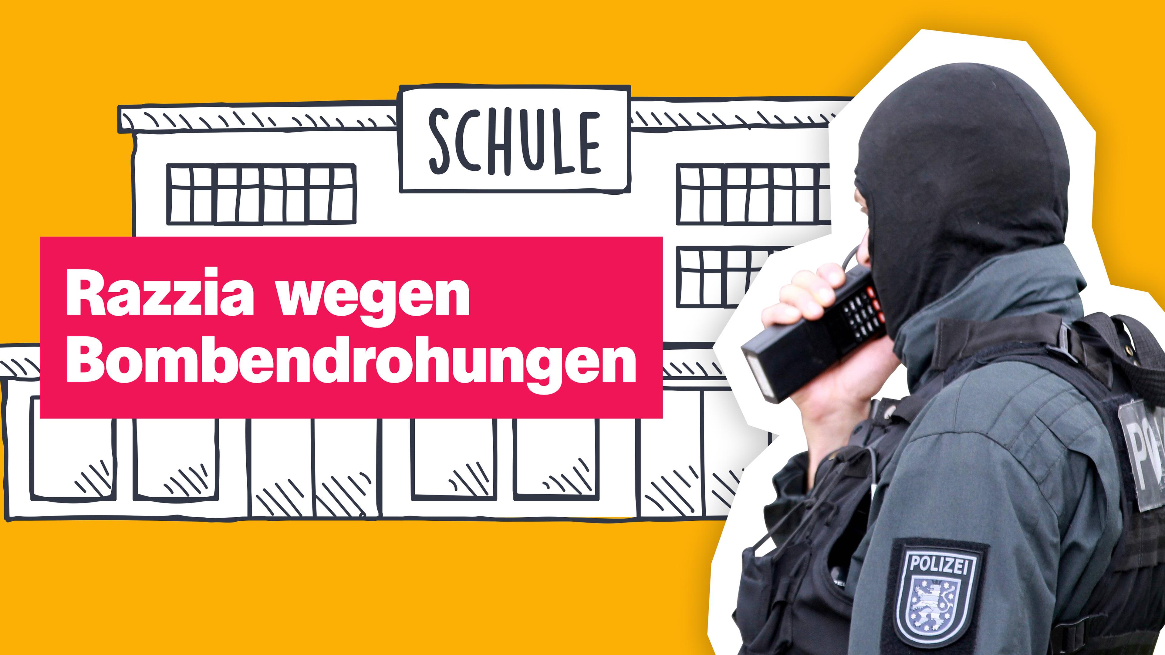 Gezeichnete Schule auf gelben Hintergrund, davor Fotoausschnitt vermummeter Polizist mit Funkgerät - dazu Schrift "Razzia wegen Bombendrohungen"