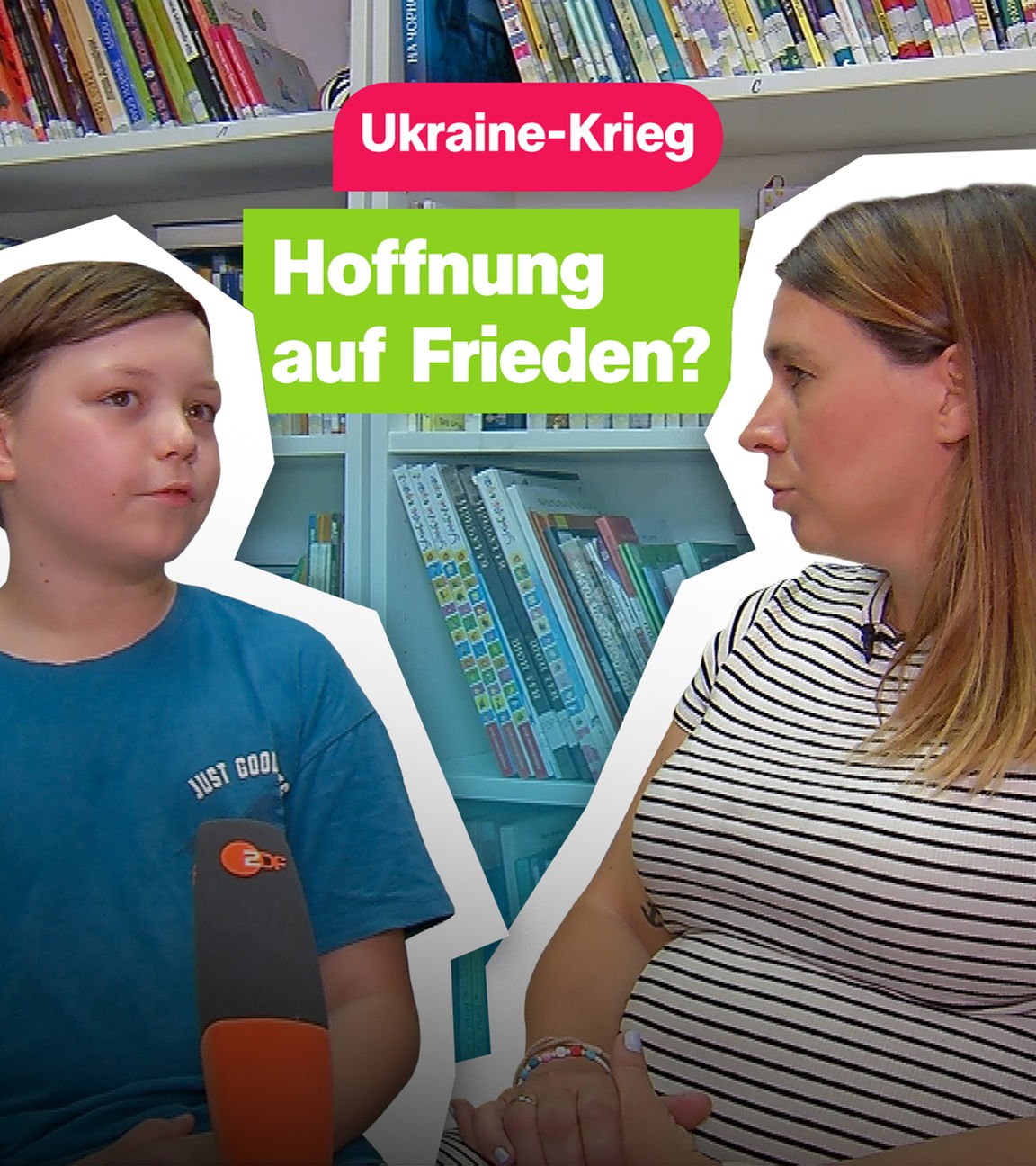 Reporterin Magdalena interviewt Junge, darauf Schrift "Ukraine-Krieg: Hoffnung auf Frieden?"