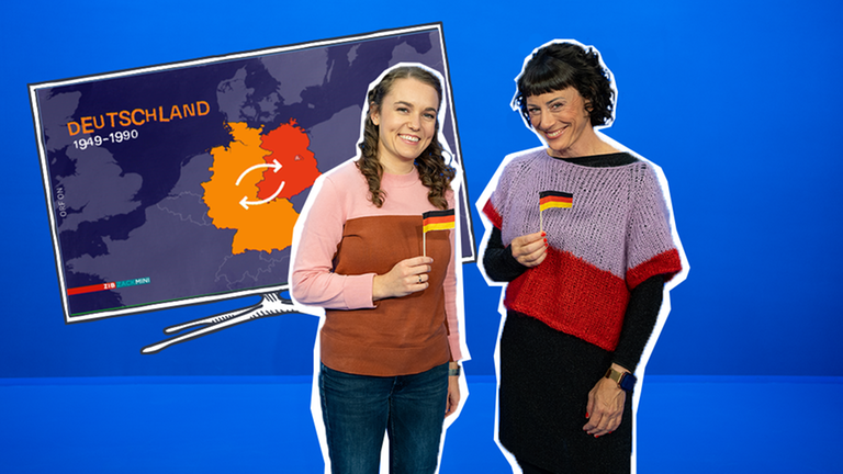 Lotte und Esther vor einem blauen Hintergrund im ZIB Zack Mini Fernsehstudio 