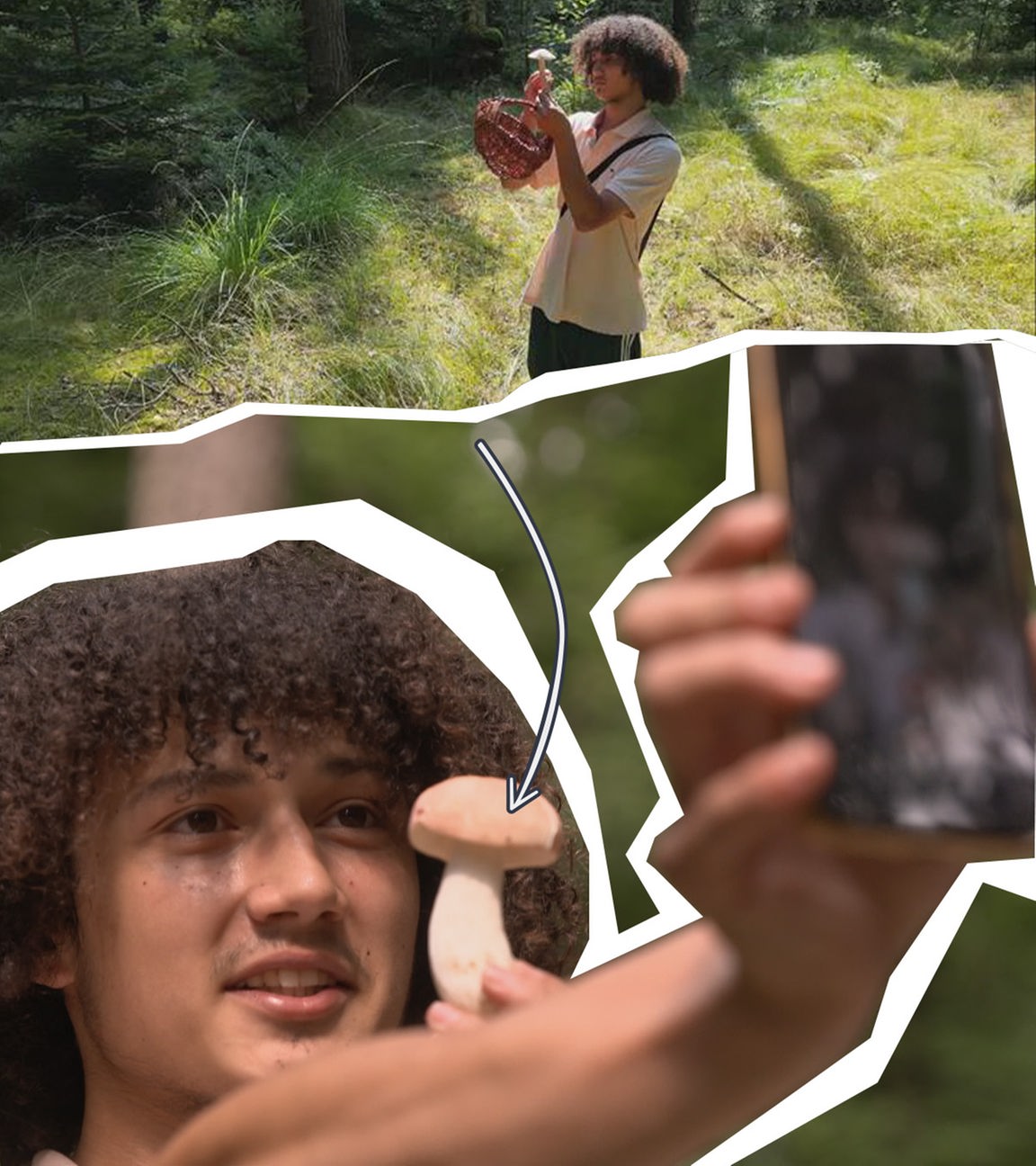 Ein junger Mann fotografiert etwas mit dem Handy im Wald.