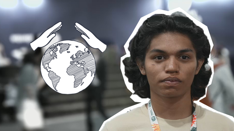 Ein Junge guckt in die Kamera, neben ihm ein Symbol der Erde und schützende Hände 