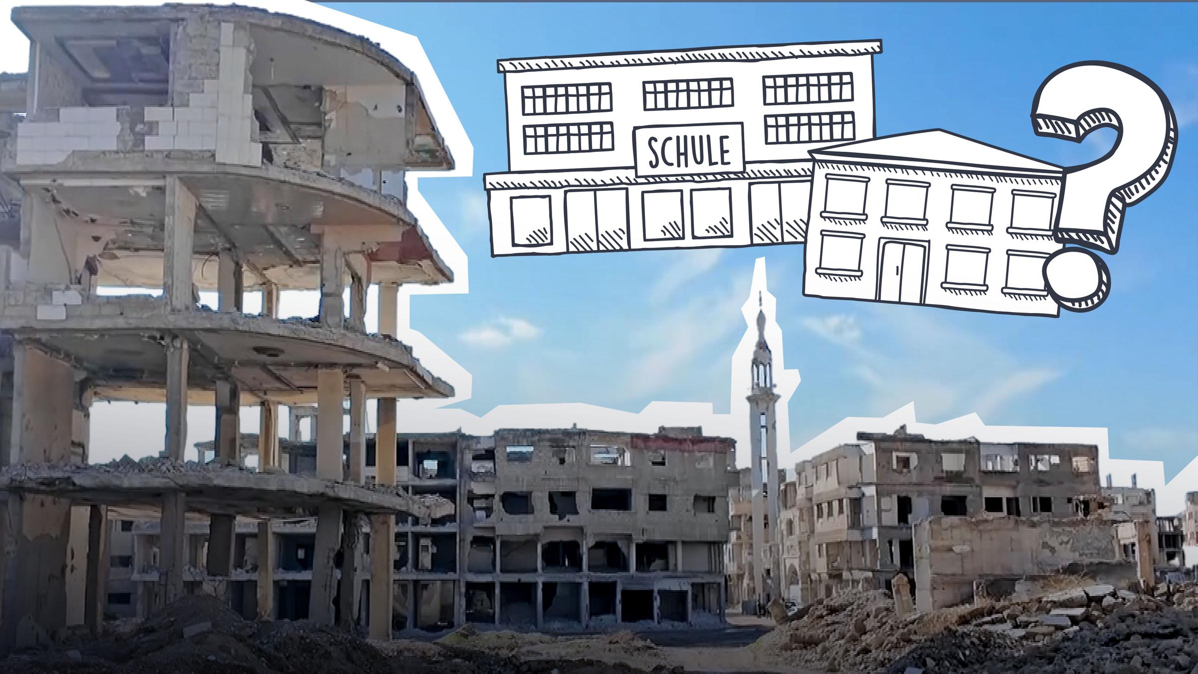 Zerstörte Gebäude, ein Symbol für Schule und ein Fragezeichen 