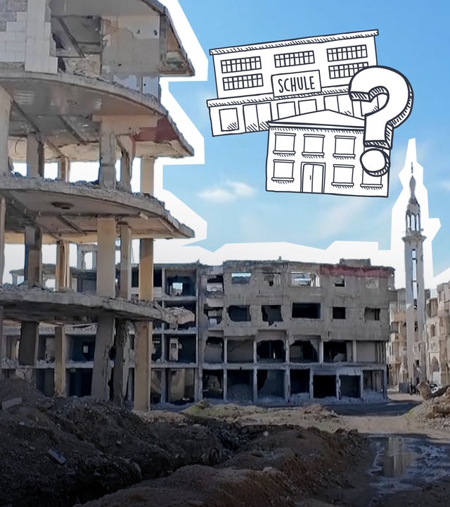 Zerstörte Gebäude, ein Symbol für Schule und ein Fragezeichen 