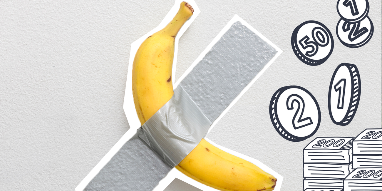 Fotomontage: An die Wand geklebte Banane, davor gezeichnete Münzen und Scheine