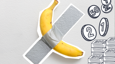 Fotomontage: An die Wand geklebte Banane, davor gezeichnete Münzen und Scheine