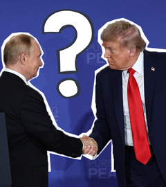 Trump und Putin schütteln sich die Hände, in der Mitte ein großes Fragezeichen. 