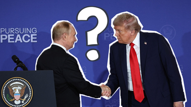 Trump und Putin schütteln sich die Hände, in der Mitte ein großes Fragezeichen. 
