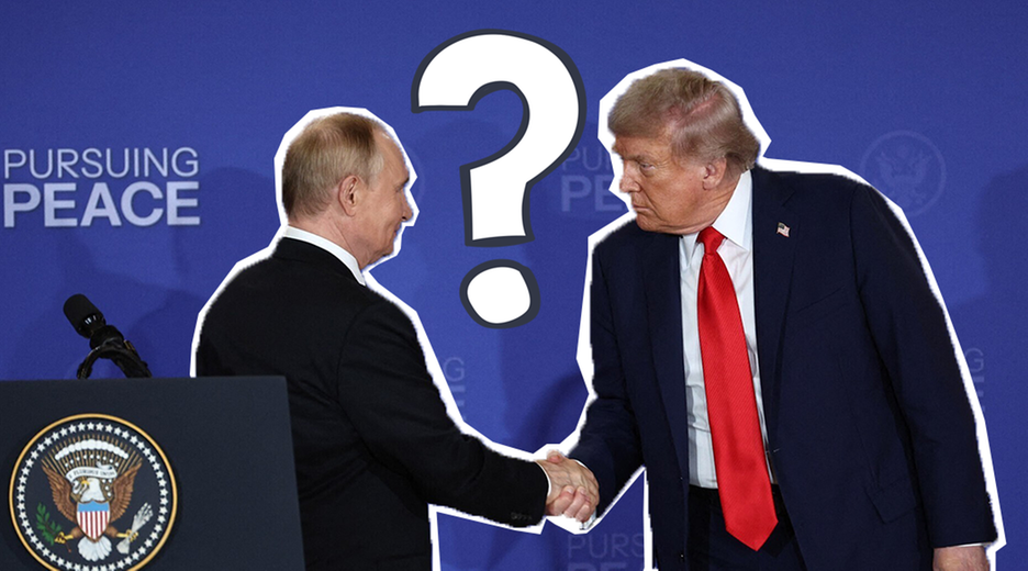 Trump und Putin schütteln sich die Hände, in der Mitte ein großes Fragezeichen. 