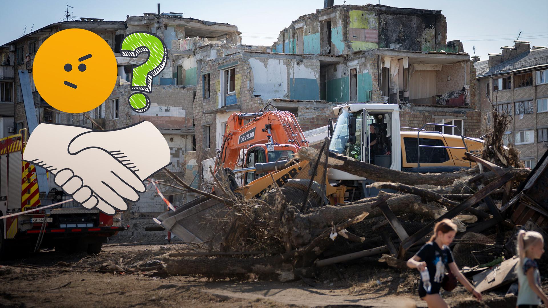 Im hintergrund Bild der Zerstörung in Kiew, darüber Grafiken: zweifelnd schauendes Emoji, daneben Fragezeichen und Händeschütteln