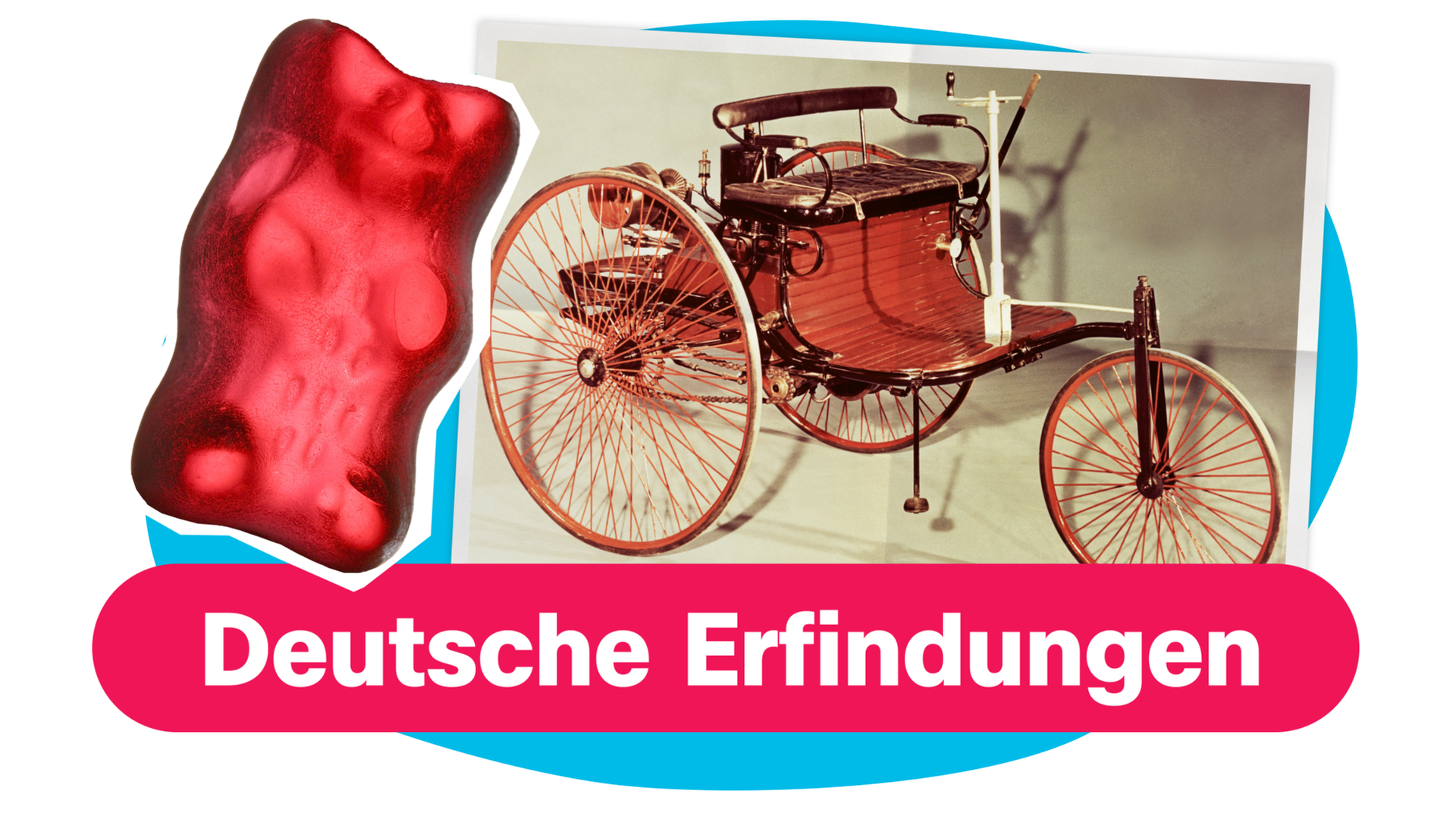 Auf dem Bild ist ein rotes Gummibärchen und das erste Automobil zu erkennen.