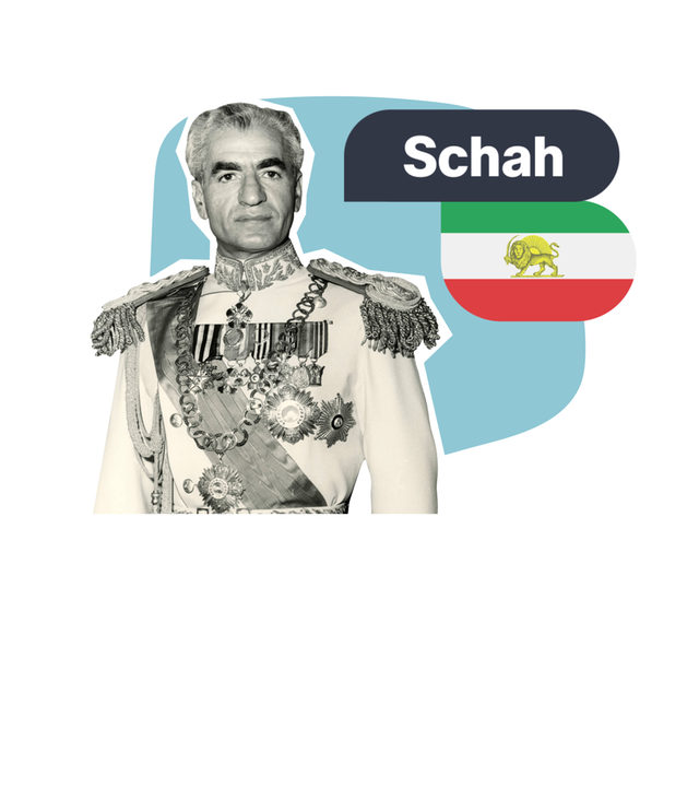 Fotocollage: Foto Schah, daneben Schriftzug "Schah" und ehemalige iranische Flagge