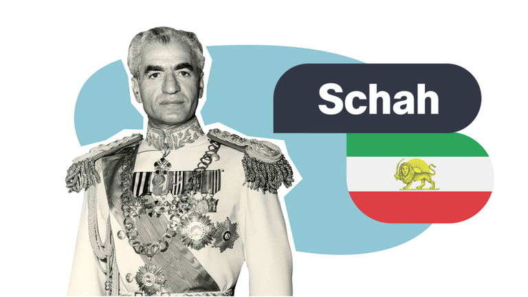 Fotocollage: Foto Schah, daneben Schriftzug "Schah" und ehemalige iranische Flagge