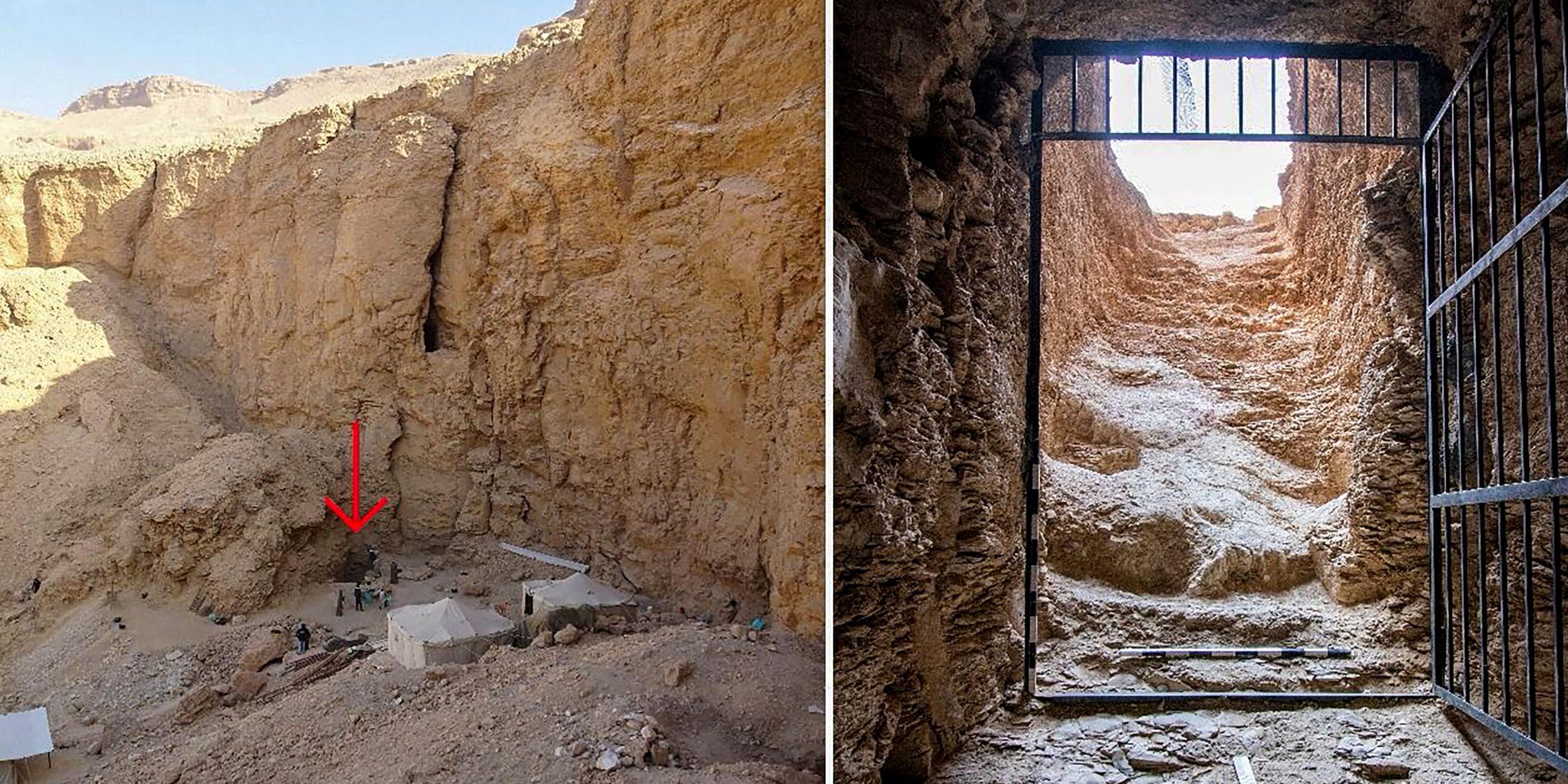Der Eingang zur Grabkammer im Felsen auf der linken Seite von weiter weg und rechts von innen mit Blick nach draußen durch eine Gittertür