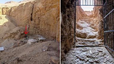 Der Eingang zur Grabkammer im Felsen auf der linken Seite von weiter weg und rechts von innen mit Blick nach draußen durch eine Gittertür