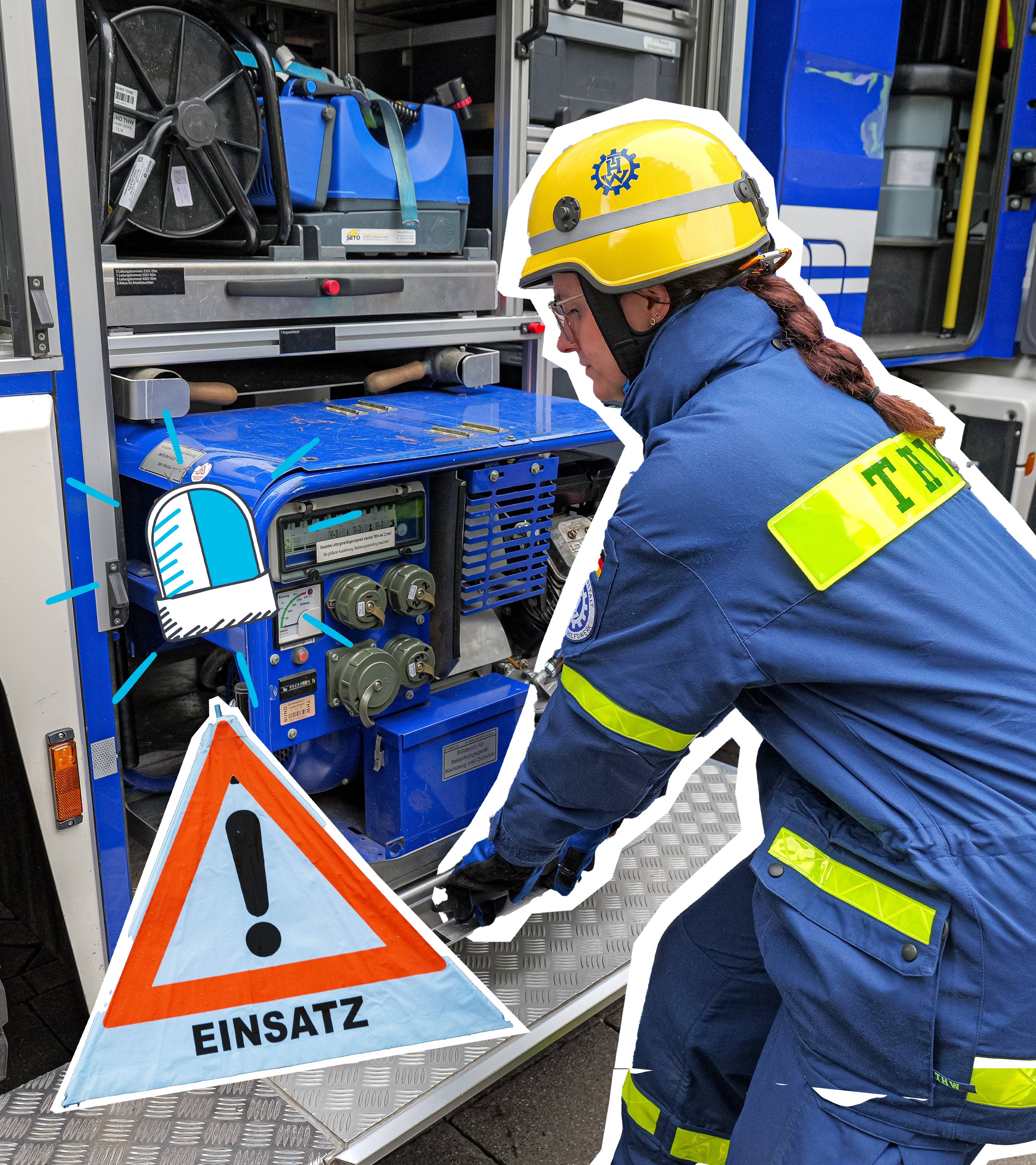 Eine Frau beim TEchnischen Hilfswerk, Einsatzschild und Blaulicht