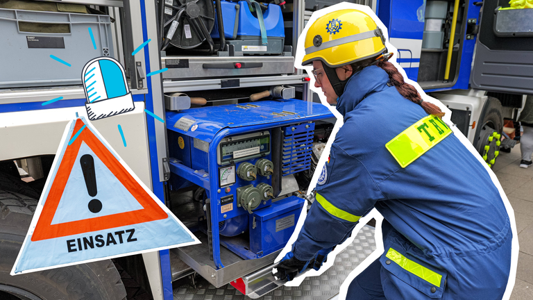 Eine Frau beim TEchnischen Hilfswerk, Einsatzschild und Blaulicht