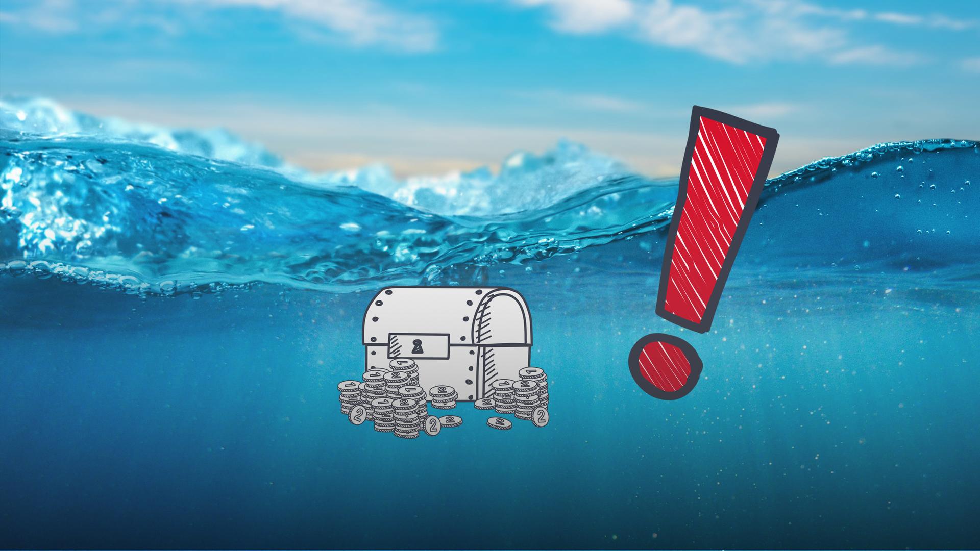 Ein gezeichneter Schatz dicht unter der Wasseroberfläche. In der Mitte des Bildes ist ein großes grafisches rotes Ausrufezeichen.